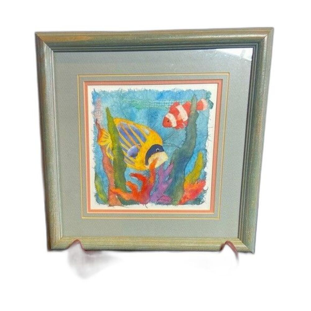 Beautiful Aquatic Watercolor by Linn Done, Signed, Framed & Matted 11.5"x11.5"